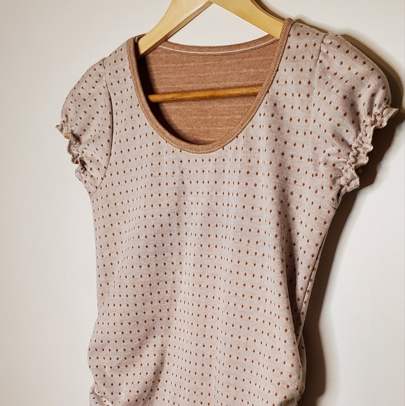 Beige Patterned Dotty Print Top with Ruffled Cap Sleeves - Picture 2 of 9